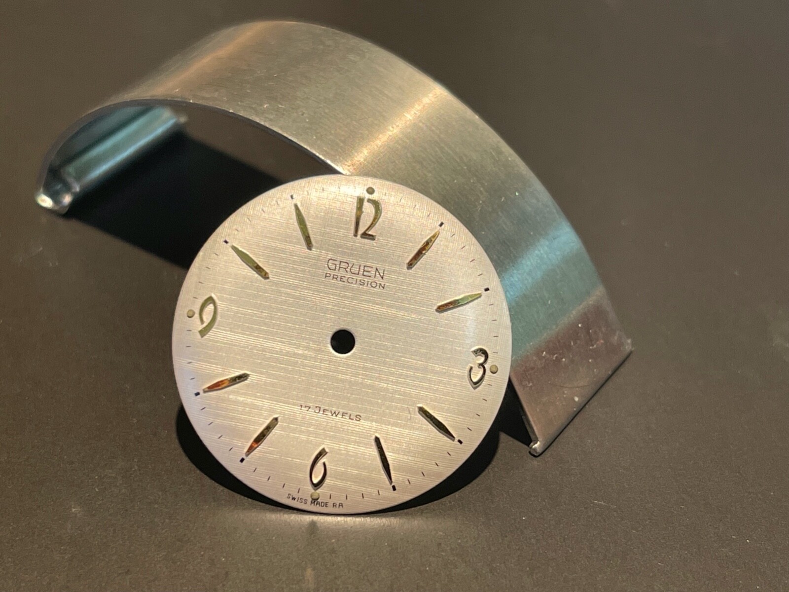 Vintage factory Gruen 510 RSS watch dial yellow markers linen finish 27.9mm size