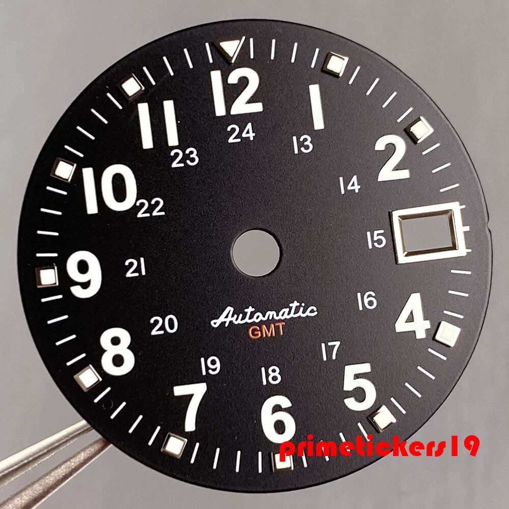 29mm Automatic GMT Pilot Watch Dial+Hands Date Green Lume Wristwatch Mod Parts