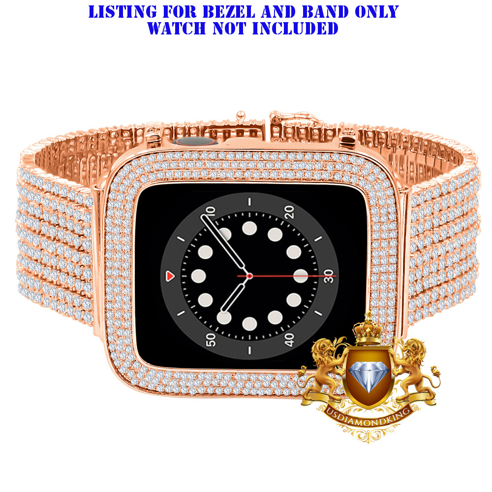 Rose Gold Finish Apple Watch Custom Pave Bezel & Band Combo Set 44mm Fit # 4,5,6