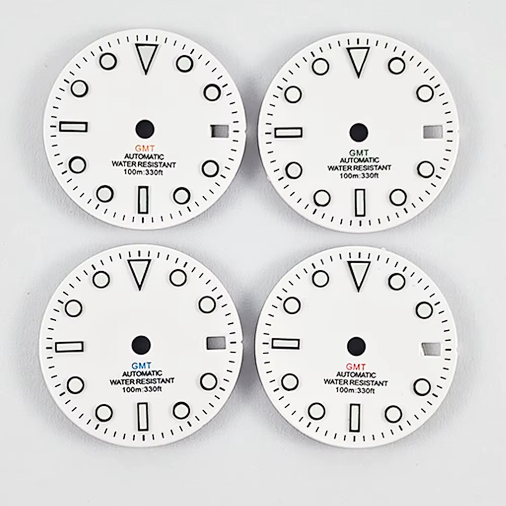 GMT 28.5Mm NO Logo Gloss Watch Dial White Black Mark Blue Green Luminous Fit NH3
