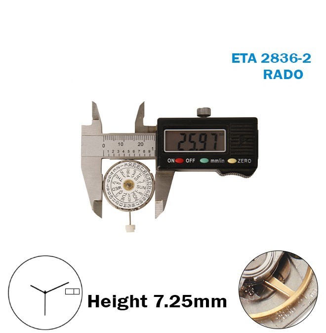 ETA 2836-2-RADO-Swiss Movement-White AR/EN Day/Date Disk At 3-3Hands-H:7.25mm.