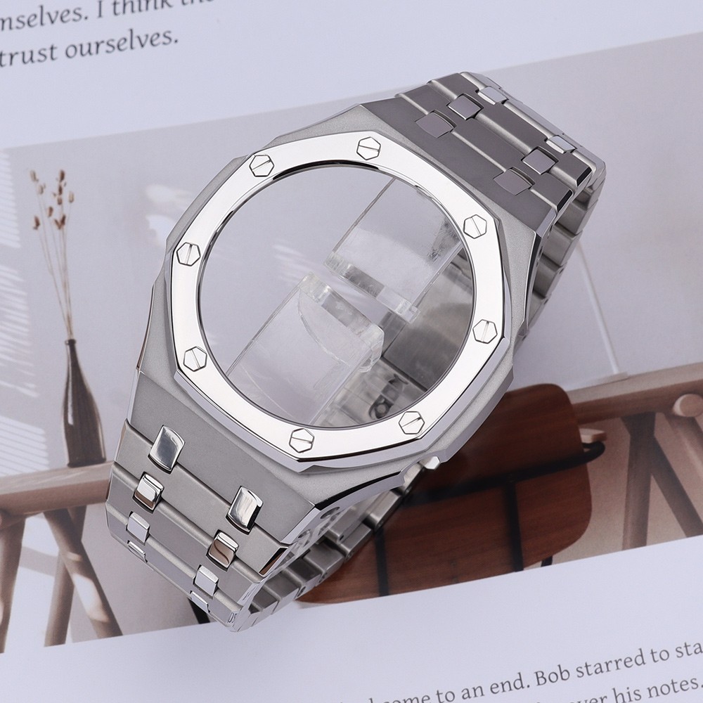 Retro 44.3mm STEEL Polished Watch Case Integrated bracelet For GA-2100 GMA-S2100