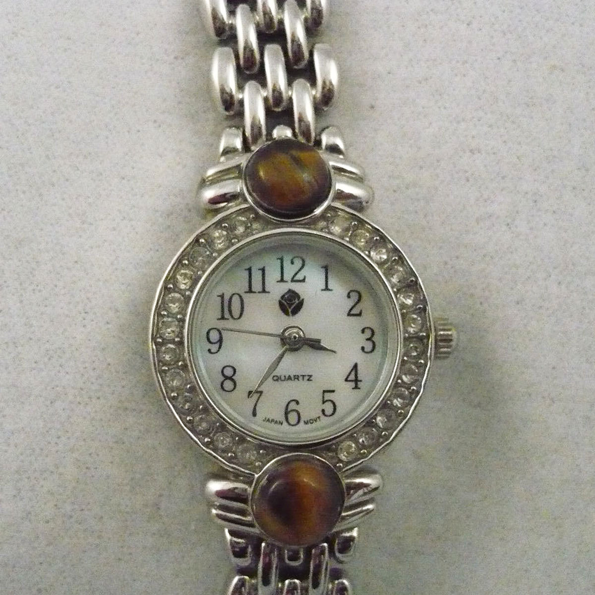 Designs by Rose watch silver metal bracelet R/S & faux tiger’s eye accents