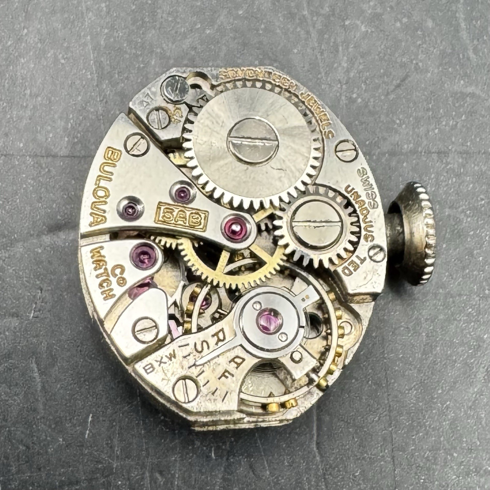 Vintage 1947 Bulova 5AB Movement 17 Jewels Swiss Made Dial Crown & Hand