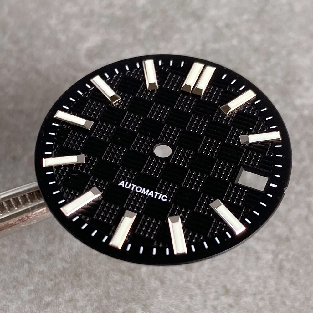 28.5mm Tandorio Black White Blue Texture Luminous Dial For NH35 NH36 Mens Watch