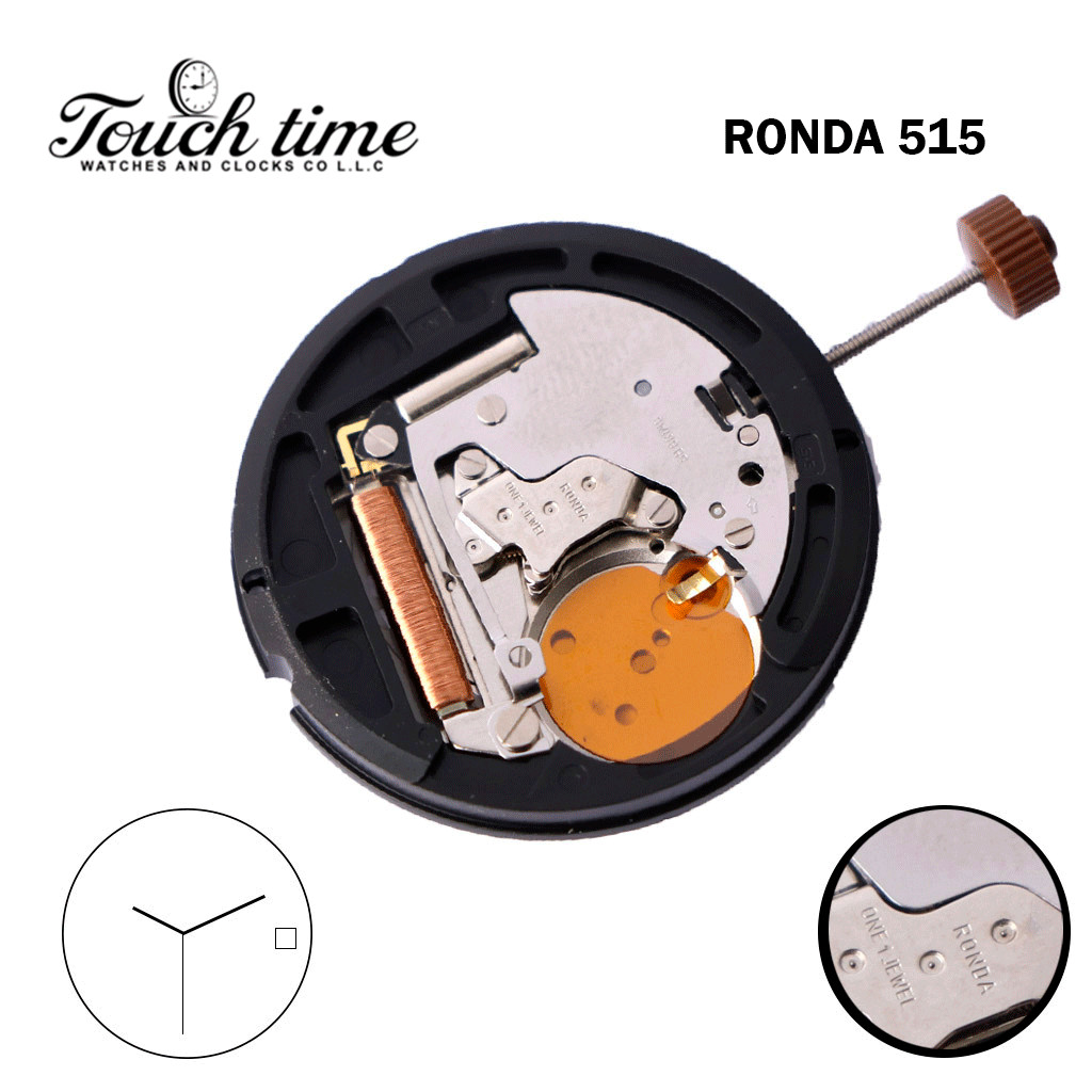 Ronda 515 Swiss Quartz Movement, White Date Disk at 3, 3 Hands.