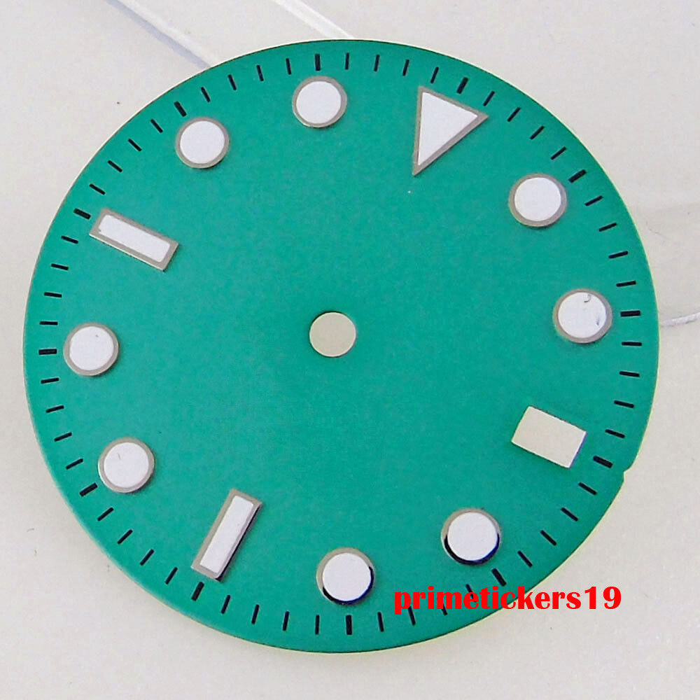 28.5mm Black/White/Green Sterile Watch Dial Face Hands Date Window Fit NH35 Movt
