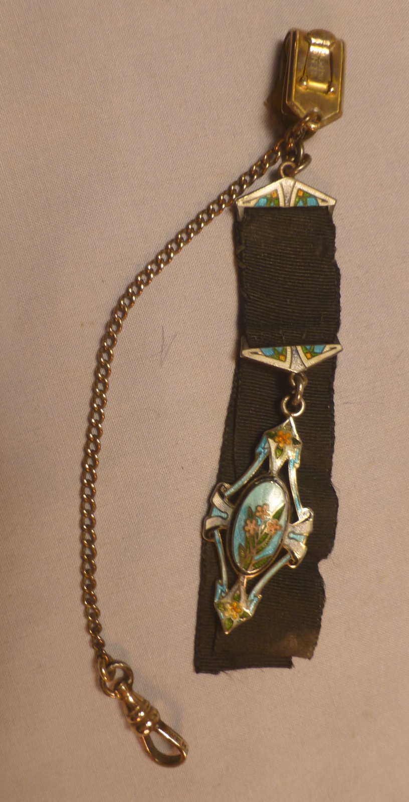 Vintage Pocket Watch Chain with Cloth and Metal & Enamel Fob -BEST OFFER-