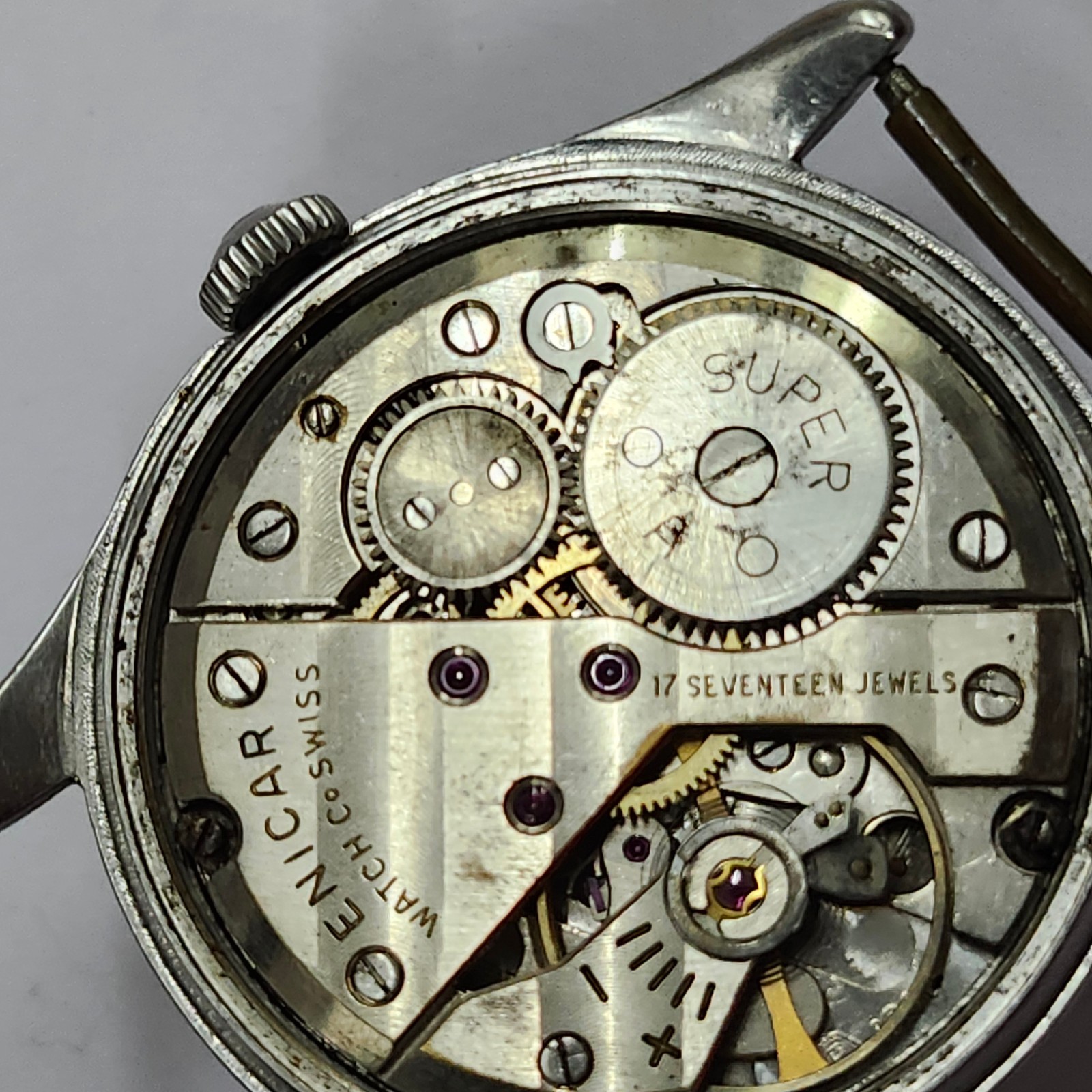 Ogival Mechanical Watch Case/Dial with Enicar 17J Movement – For Parts or Repair