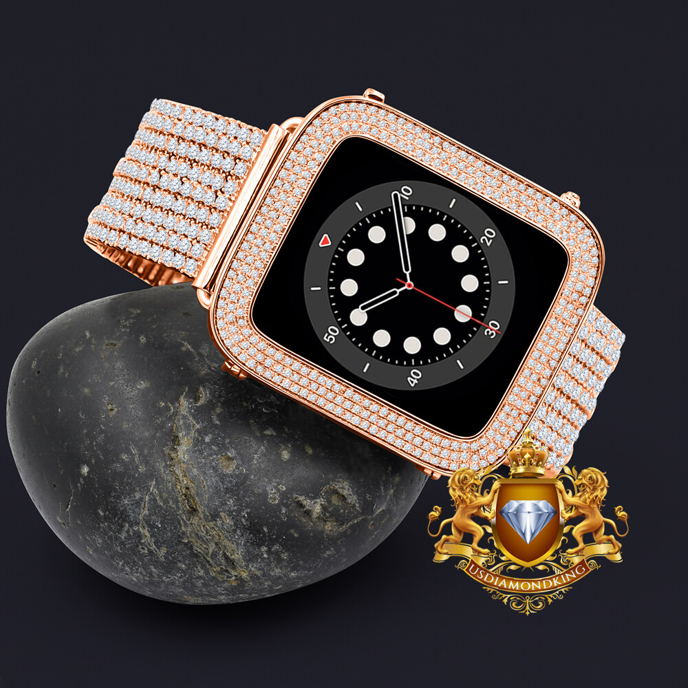 Rose Gold Finish Apple Watch Custom Pave Bezel & Band Combo Set 44mm Fit # 4,5,6