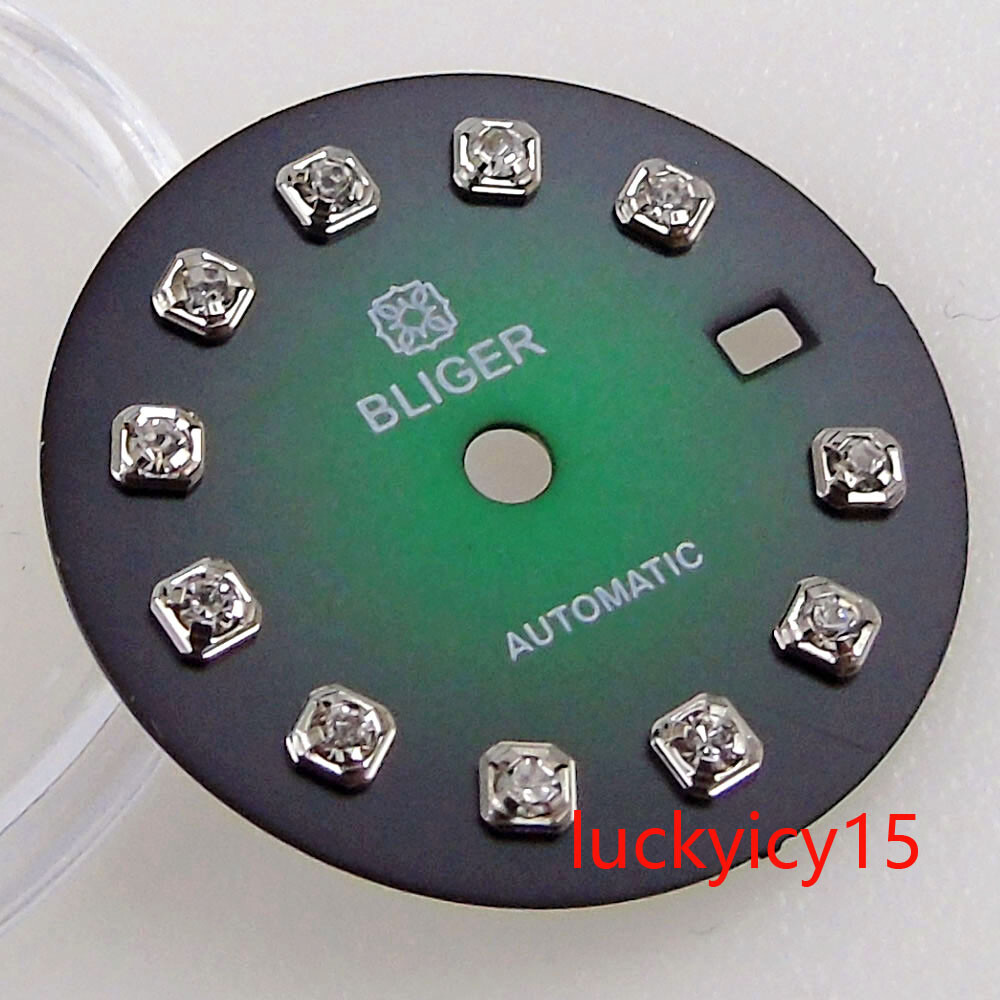 Bliger 20.5MM Blue Green Black Watch Dial Luminous Silver Diamond Index Fit NH05