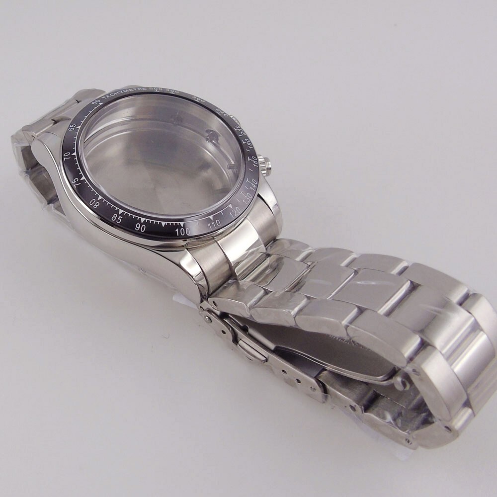 39mm Polished Mens Watch Case Bracelet Fit Quart VK64 VK63 Bow Sapphire Glass