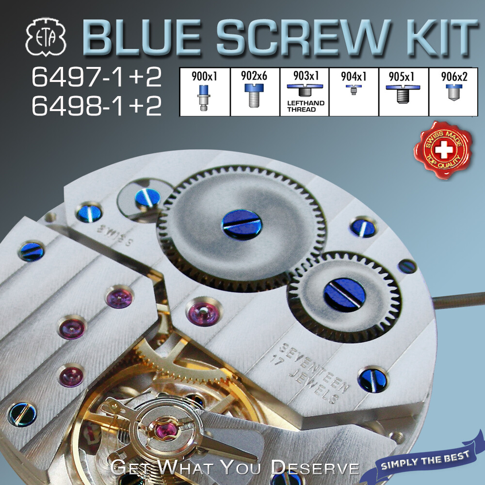 BLUE SCREW FOR MOVEMENT ETA UNITAS 6497 + 6498, 12 PCS SET – SORTED BY ART. NO