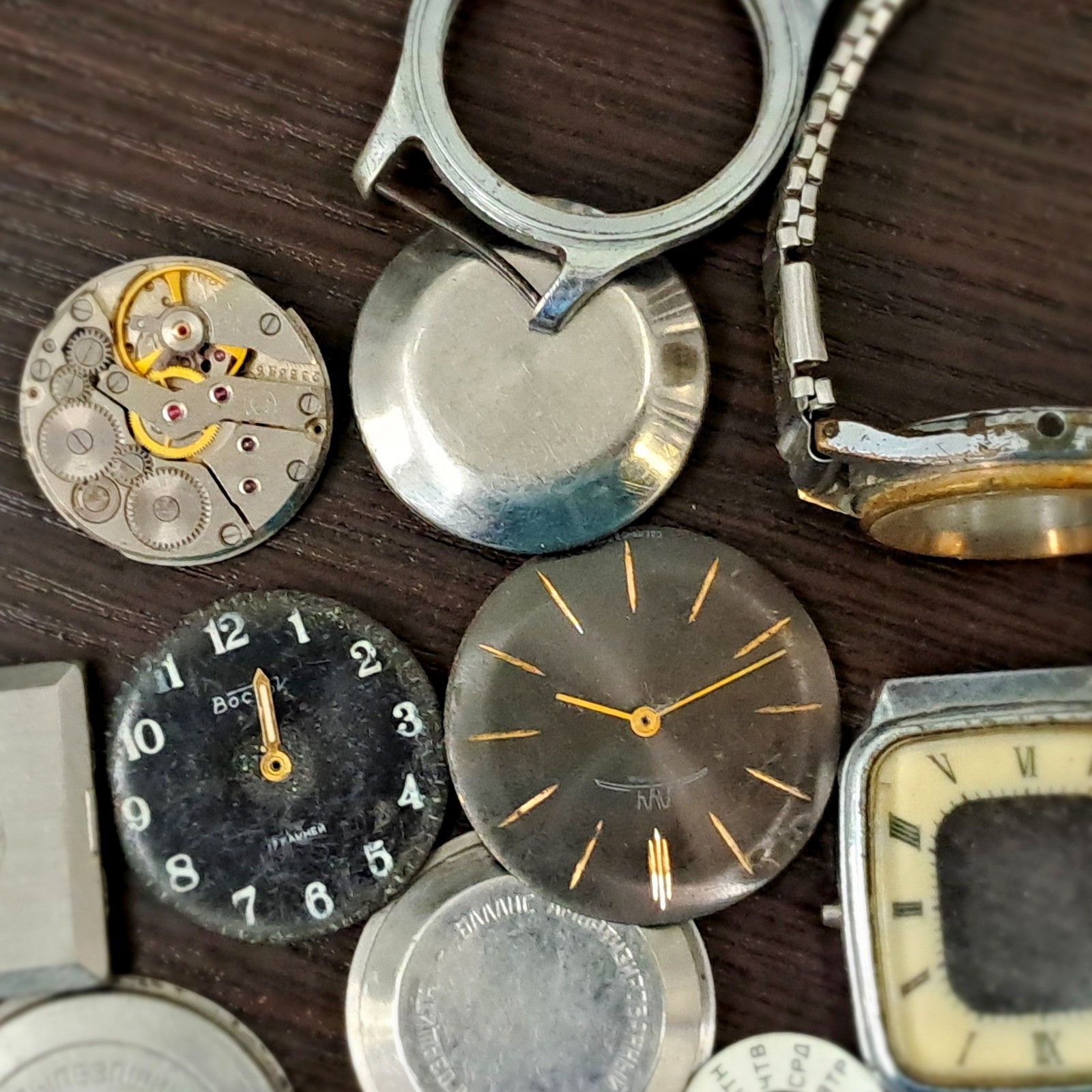 Vintage Soviet Watch Parts Lot– Raketa, Pobeda, Slava, Zarja – Cases, Dials–USSR