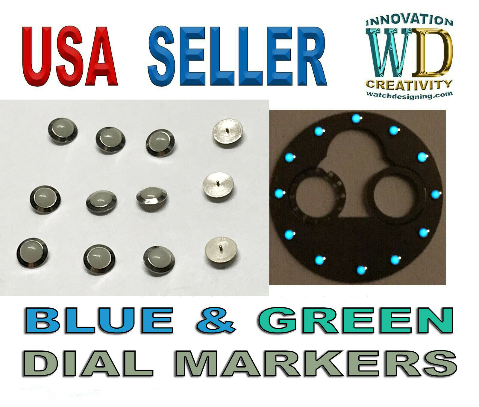 Watch Dial Hour Markers 12 pieces BLUE & GREEN LUMINOUS 2.5mm Numerals Dots Bars