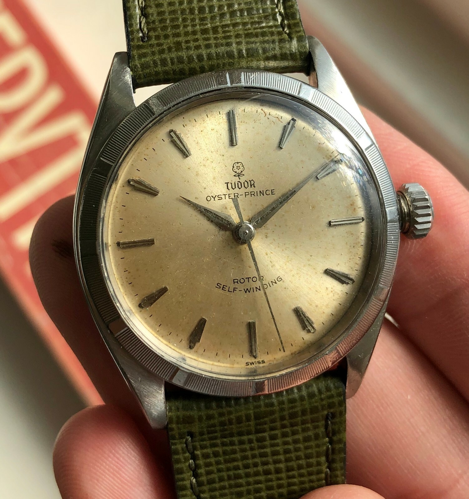 Vintage Tudor Oyster Prince 7965 Automatic Silver Rose Dial 18K Gold Bezel Watch