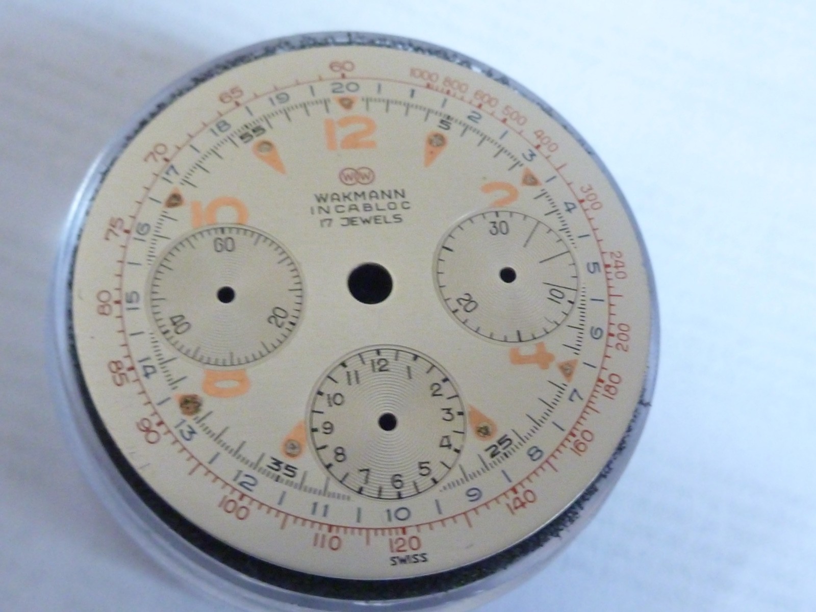 Vintage Wakmann Chronograph Dial Swiss Made Valjoux 72 Triple Register 31,5mm