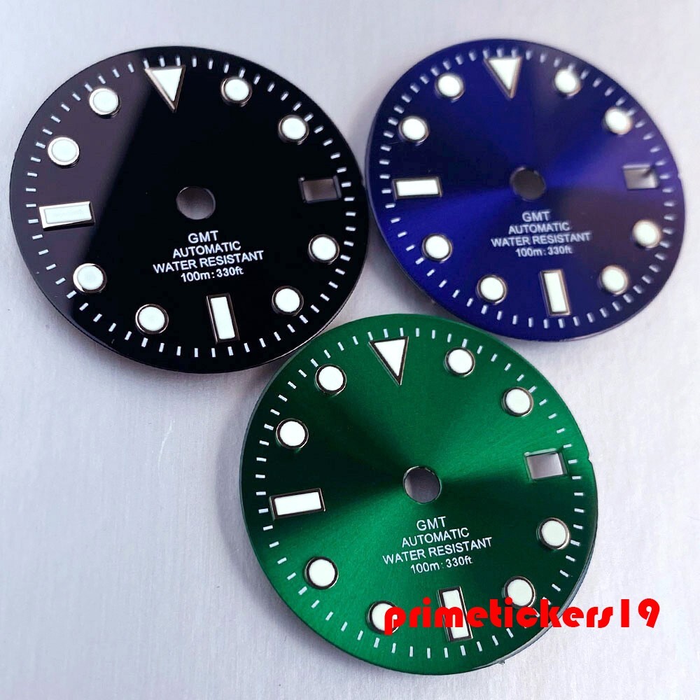 29mm NH34 GMT Watch Dial Black/Blue/Green Sterile Face Hands Set Date Luminous