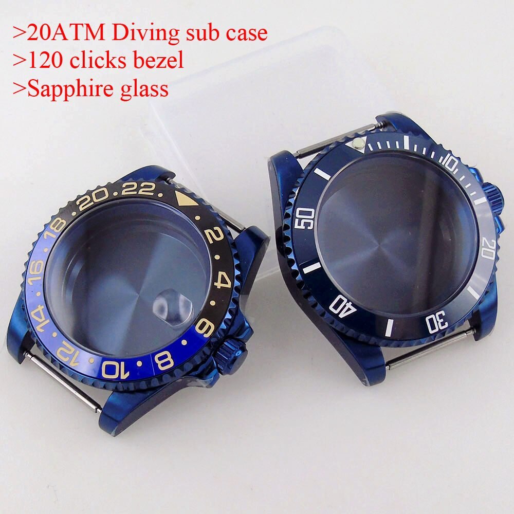 New 20ATM Dive Case 40mm Steel Blue Watch Case Sapphire for NH34 NH35 NH36 Parts