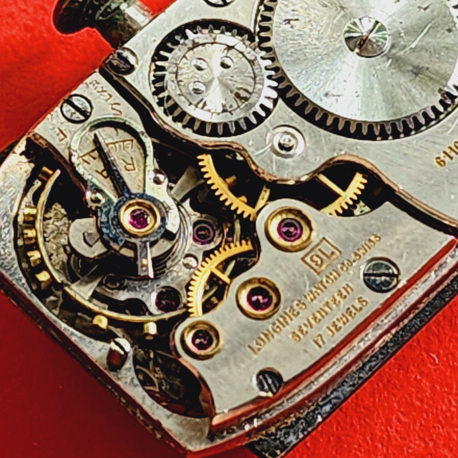 Longines Watch Movement Cal 9L Rectangle Dial Hands Crown Stem Ticks For Parts