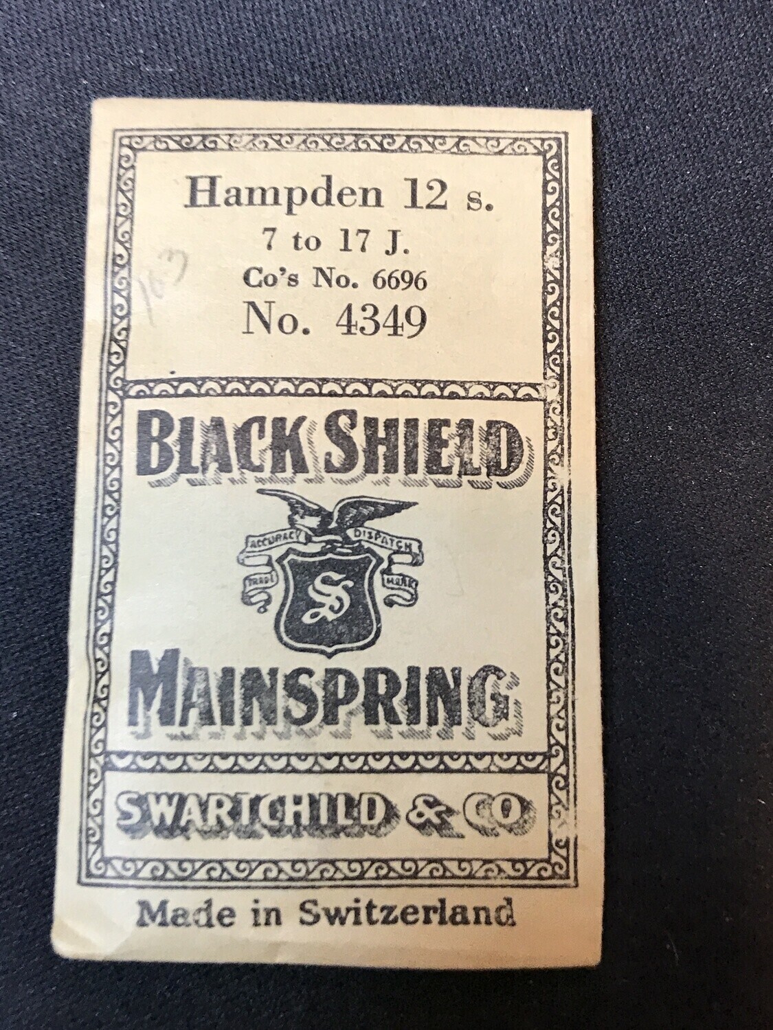 Swartchild Black Shield Mainspring for 12s Hampden No. 6696 – Steel
