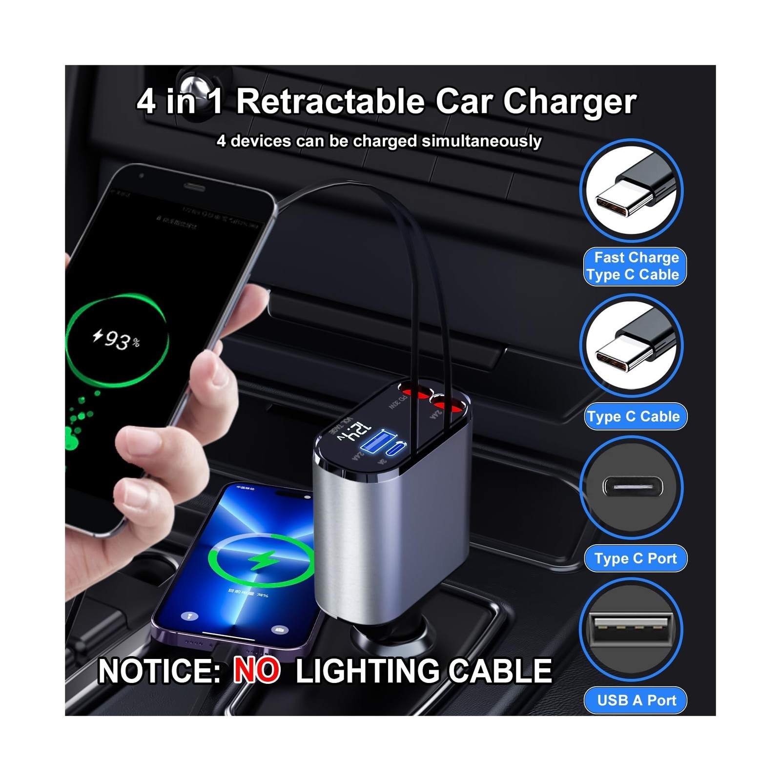 Retractable Car Charger 4 in 1 USB C Fast Charger with Dual Type-C … Fast Ship