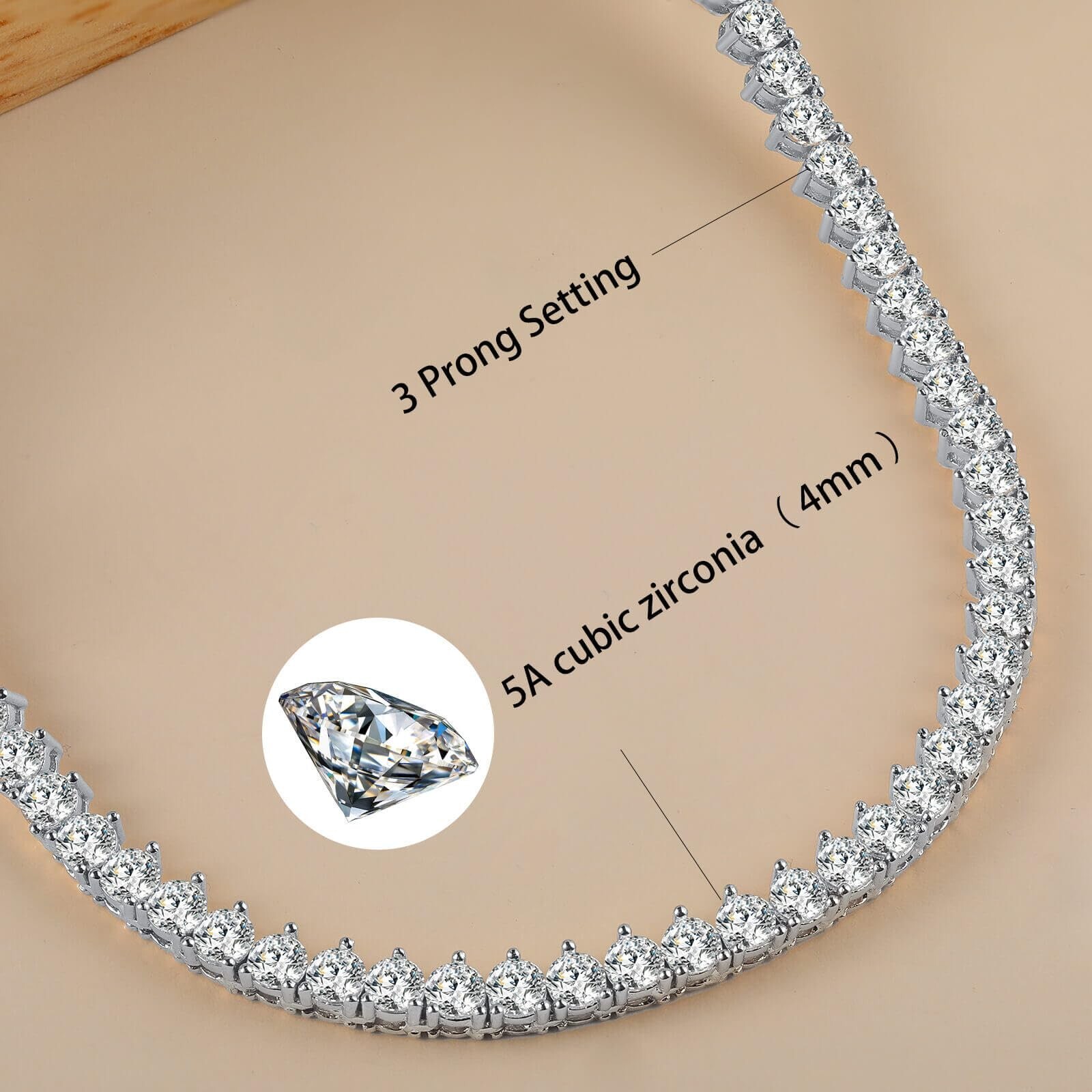 Gemsme 4mm Tennis Necklaces for Women – 3 Prong 18K White Gold Plated Round C…