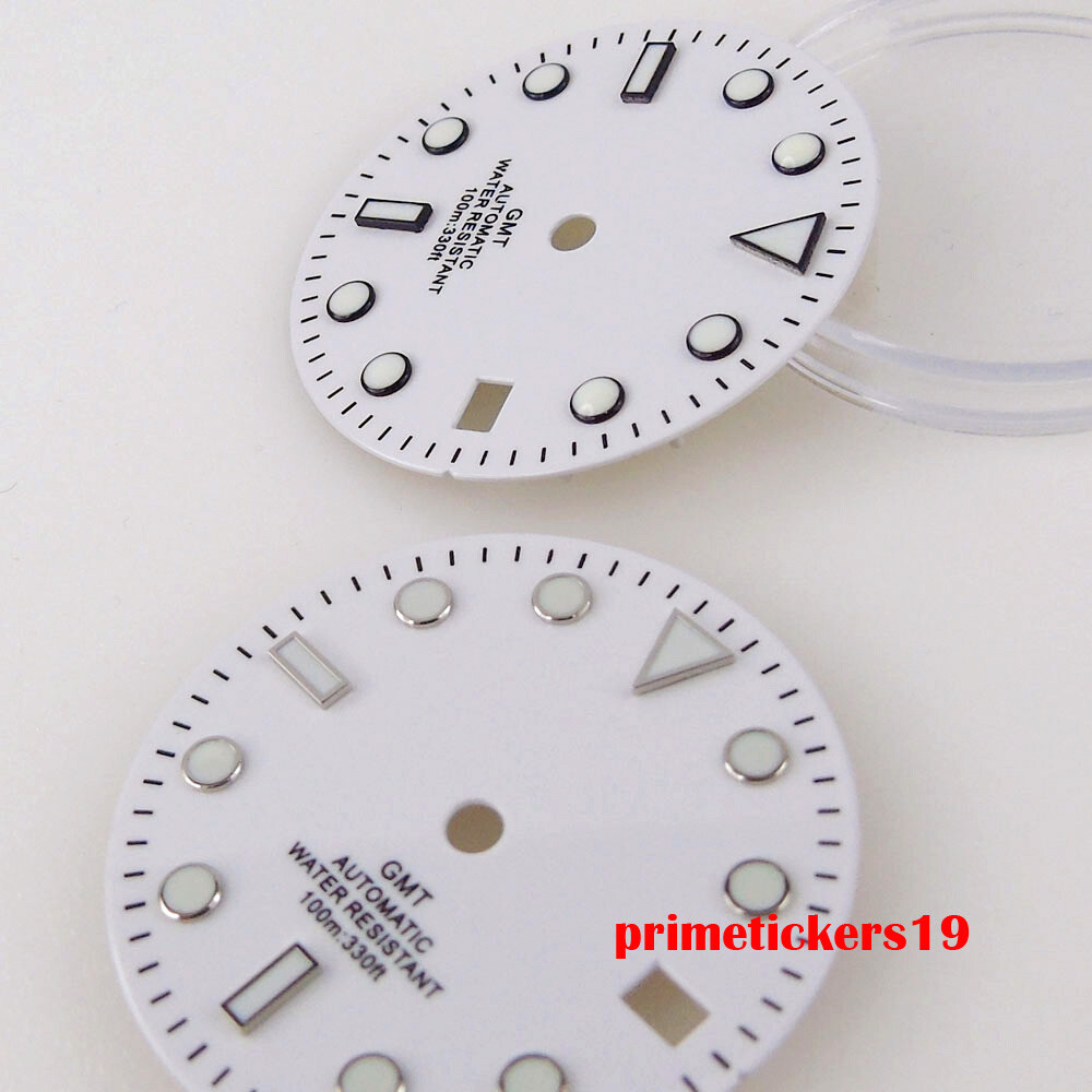 29mm White Watch Dial Date Black Orange Hands Luminous Fit NH34 GMT Movement
