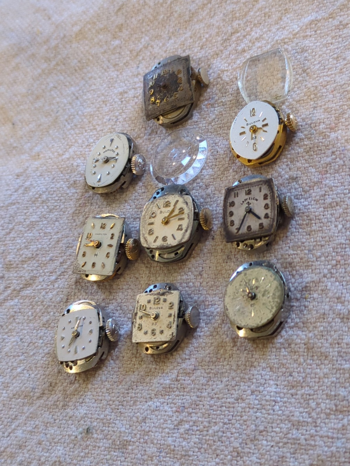 Lot of 9 LADIES WATCH MOVEMENTS For PARTS REPAIR. Hamilton, Bulova, Lady Elgin.