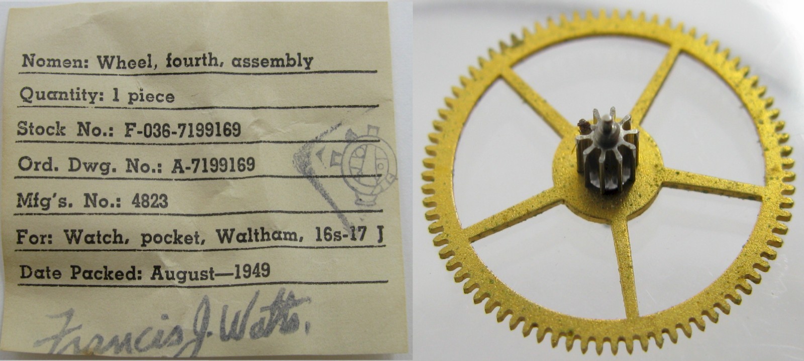 Waltham 16s – 17j. fourth wheel / second beat long pivot wheel #F36 7199169
