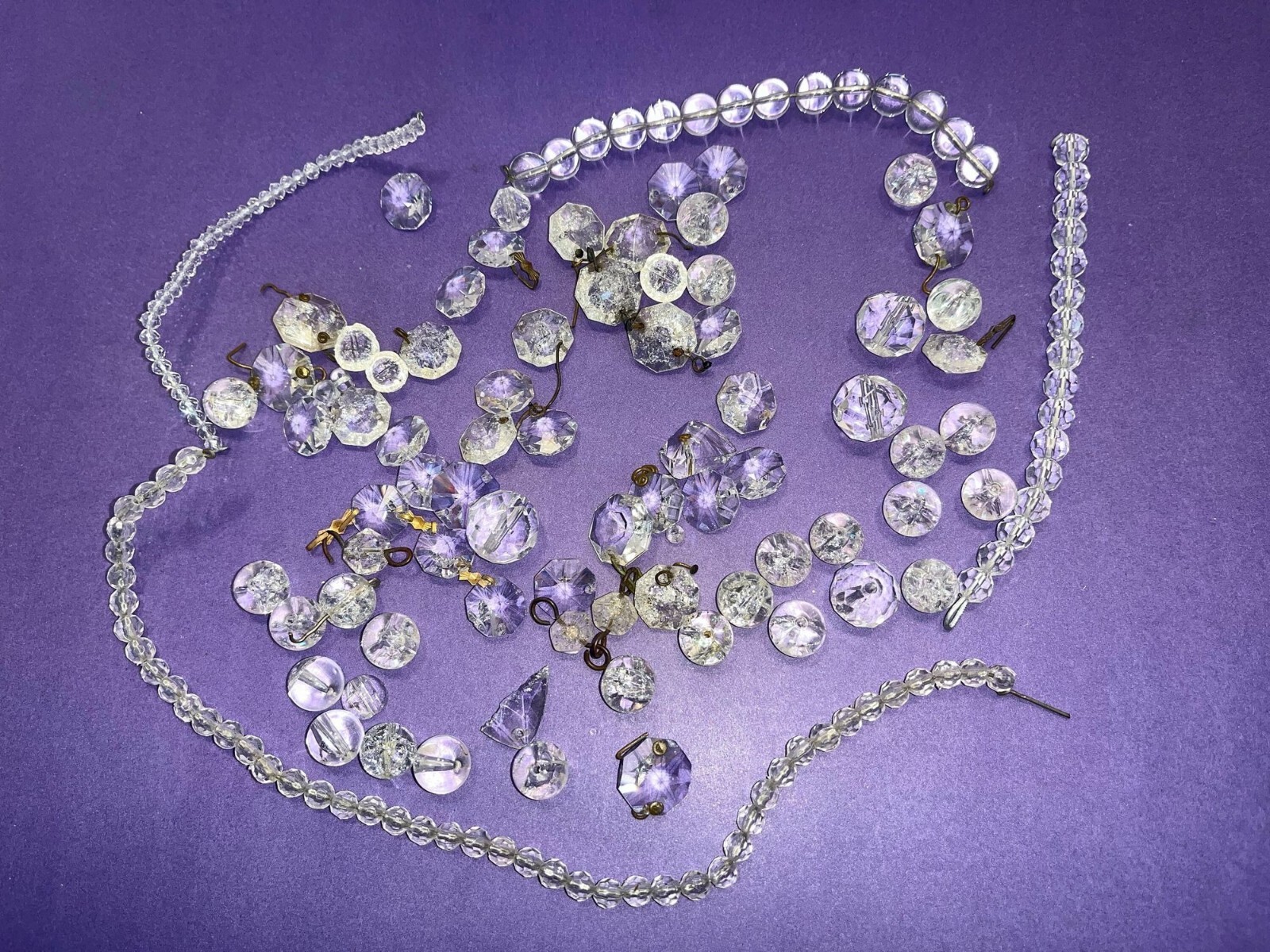 Antique Crystal Lot, 4 Wired Glass Crystals Longest 11″, Round Antique crystals,