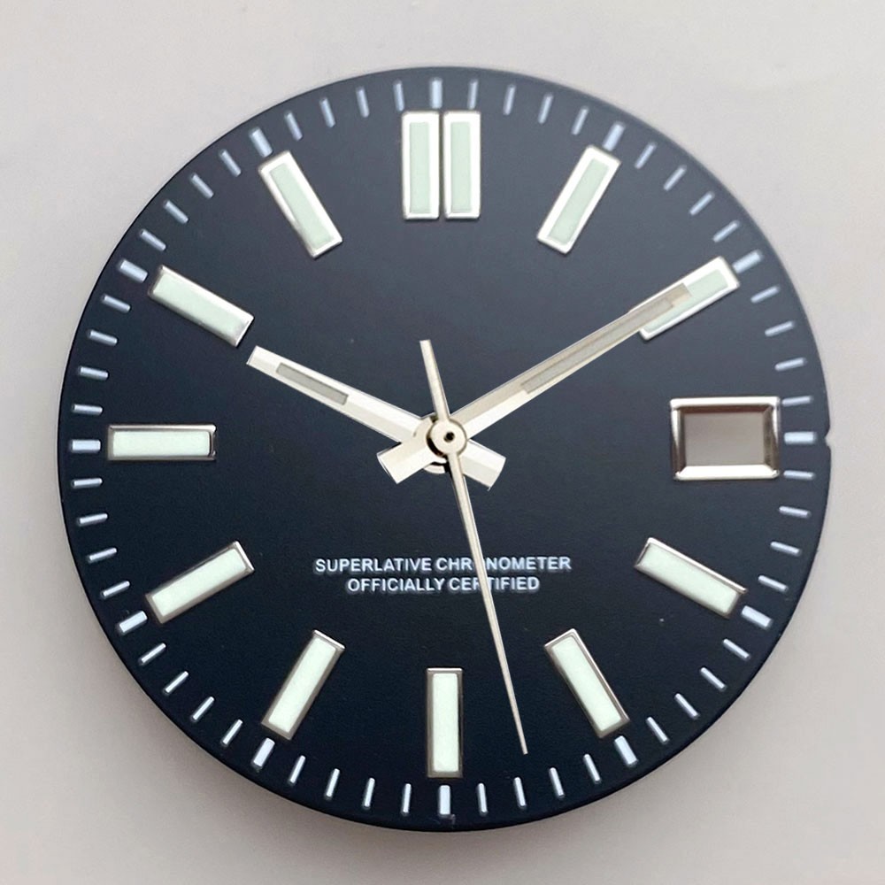 29mm NH35 Watch Dial Black/Pink/Blue Sunburst Face Luminous Baton Markers Date
