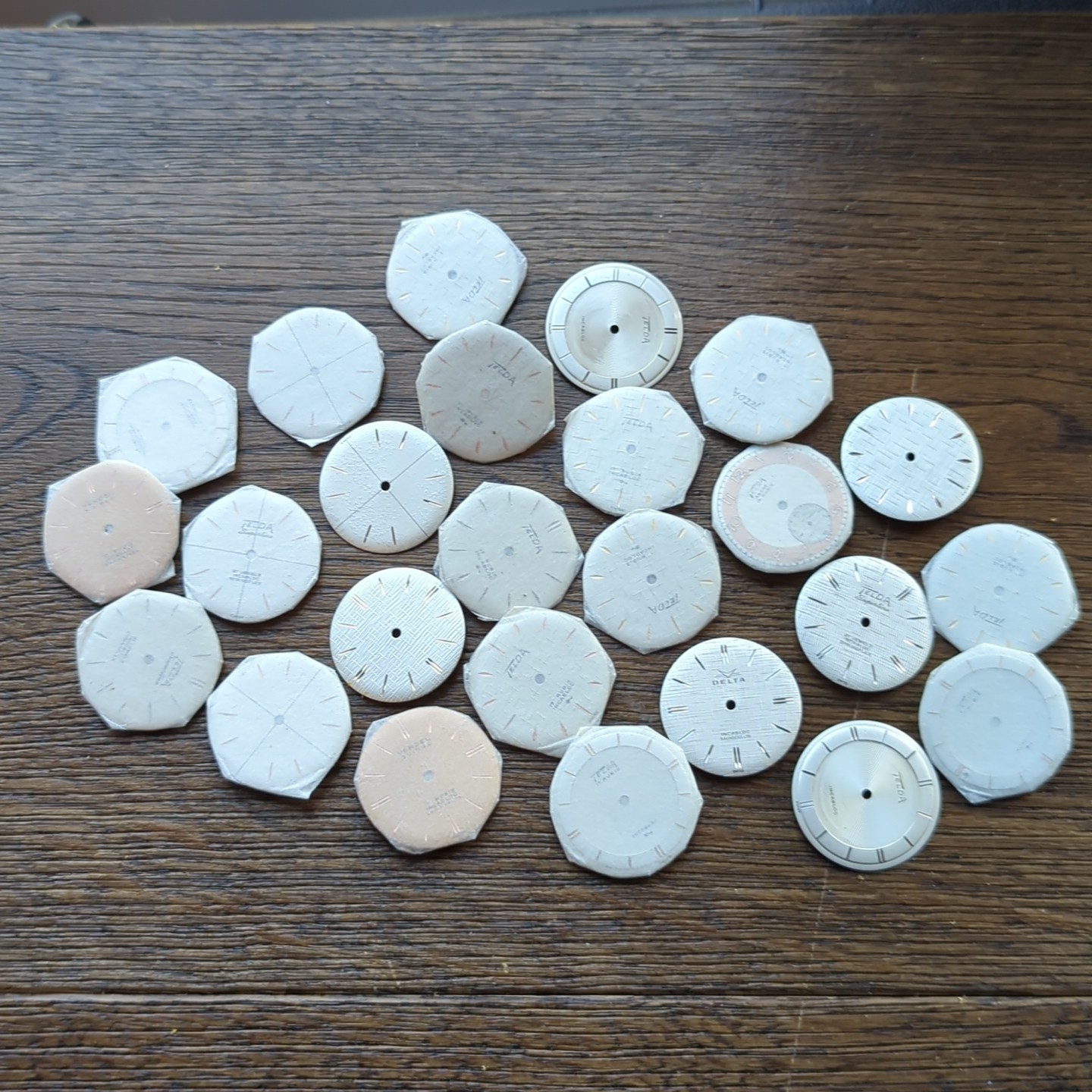 FHF 72 Lot of 25 NOS Watch Dials, Telda, Sterile, Mixed Designs 1960s (CR12)