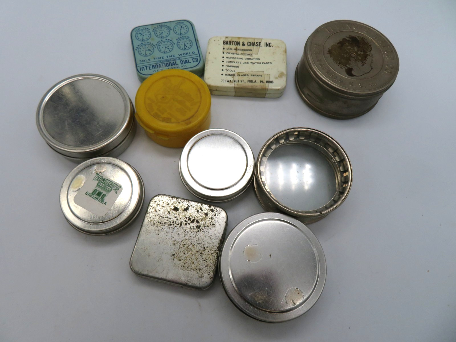 Lot of 10 Vintage Watch Part Movement Tins Small Parts Storage