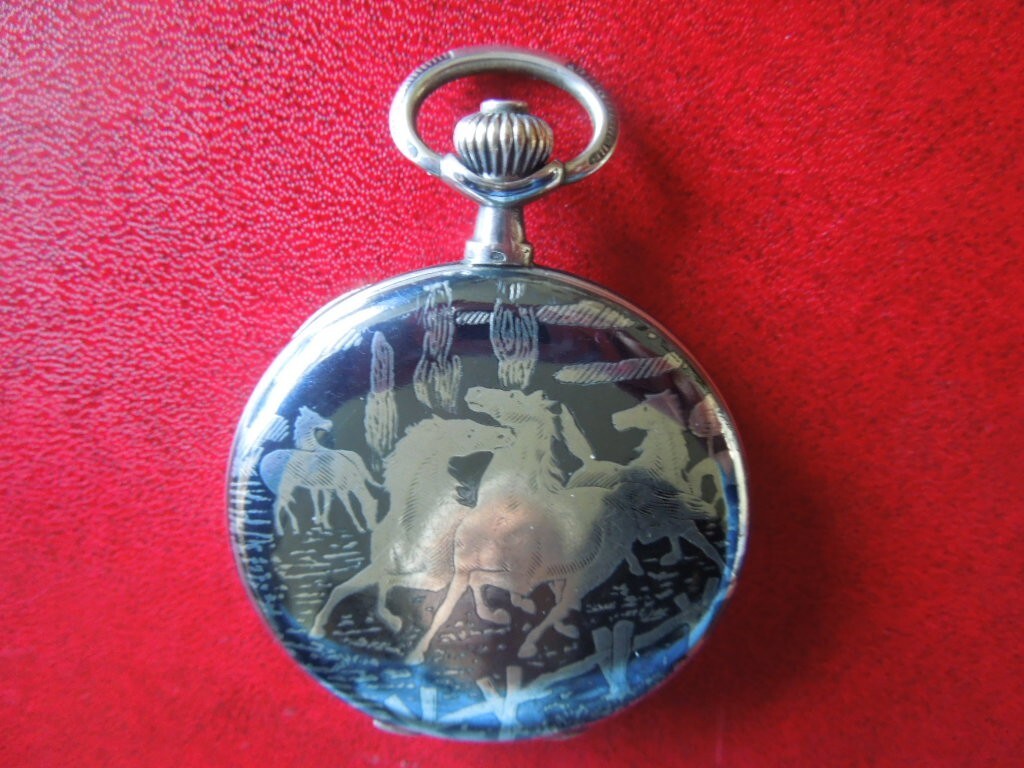 J4939 POCKET WATCH MOVADO NIELLO HORSES FULL HUNTER HUGUENIN FR. SEE DESCR