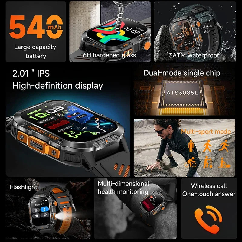 2026 NEW Military GPS Smartwatch Flashlight Wireless Call Wrist Watches 3ATM Wat