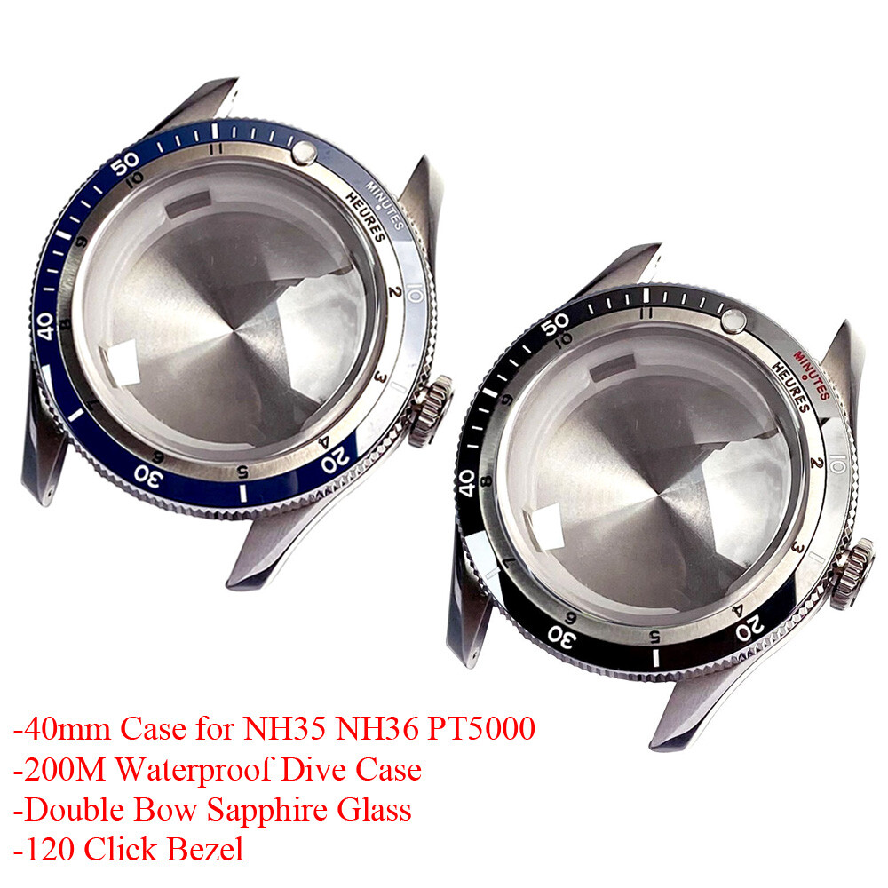 20ATM Diver 40mm Double Bow Sapphire Watch Case Fit NH35 PT5000 Steel Bracelet