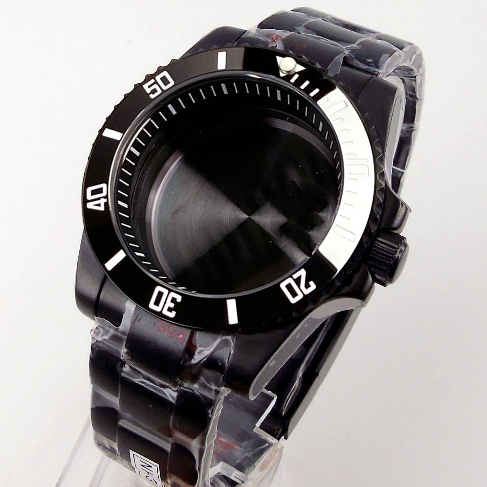 40mm Black PVD Sapphire Glass Watch Case Fit NH35A NH36A ETA2824 PT5000 Rubber
