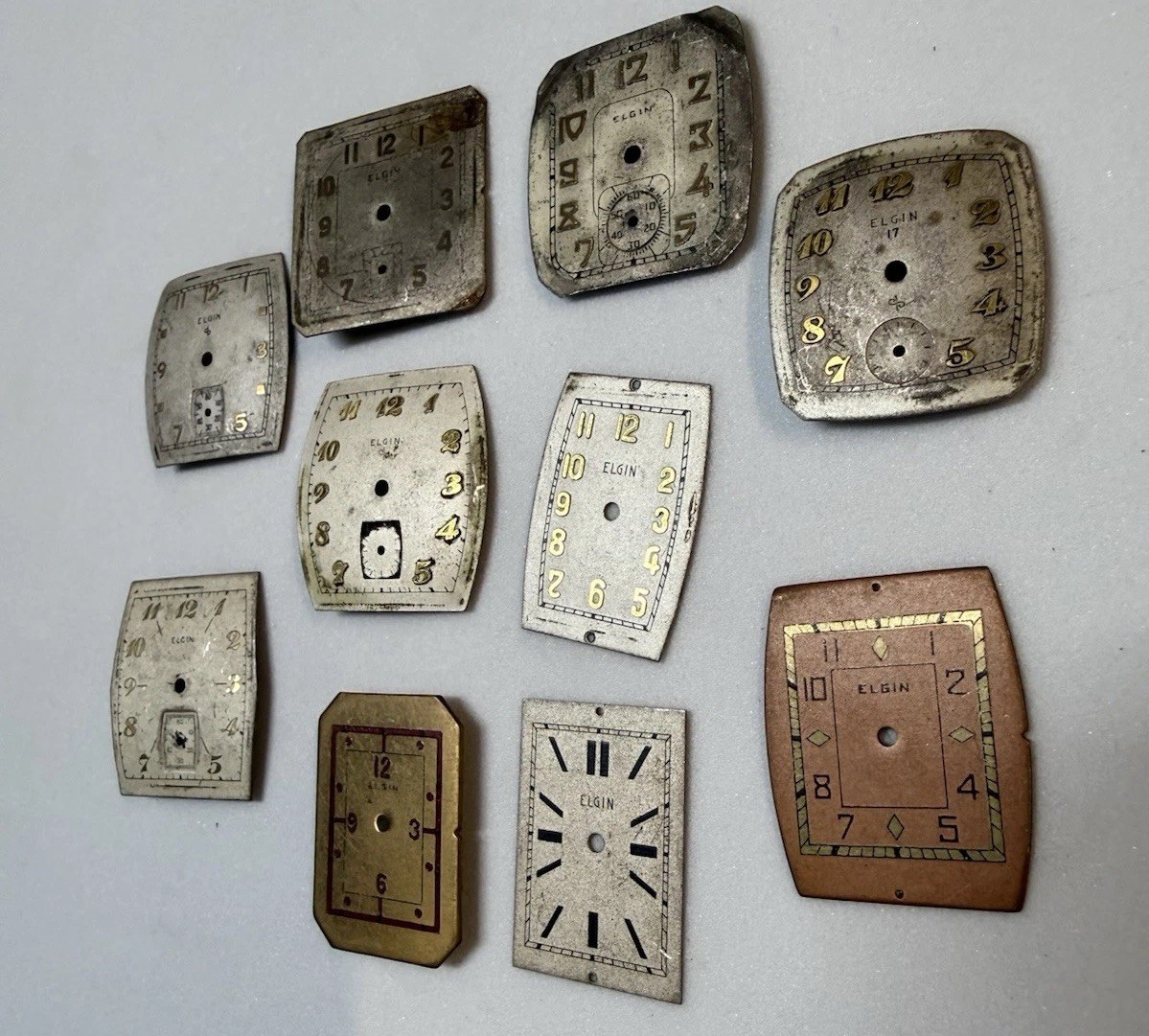 Elgin Art Deco Rectangle Dials Various Sizes, Lot Of 10