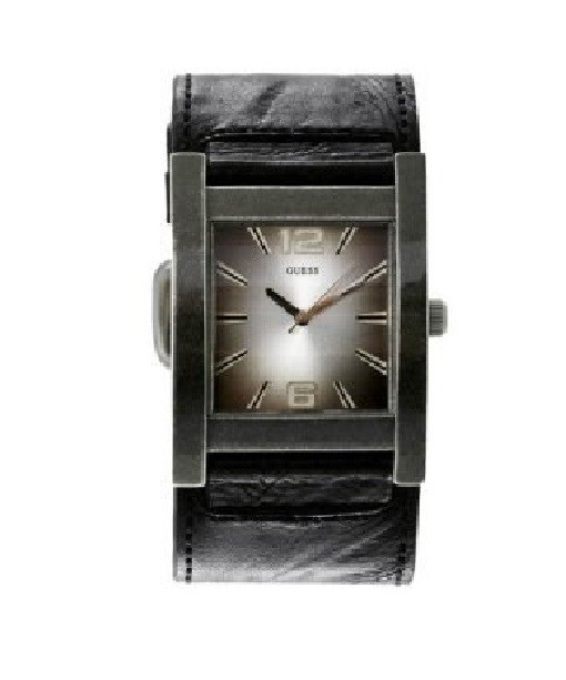 NEW GUESS BRUSHED AGED SILVER TONE,BLACK LEATHER CUFF BAND WATCH U75016G1