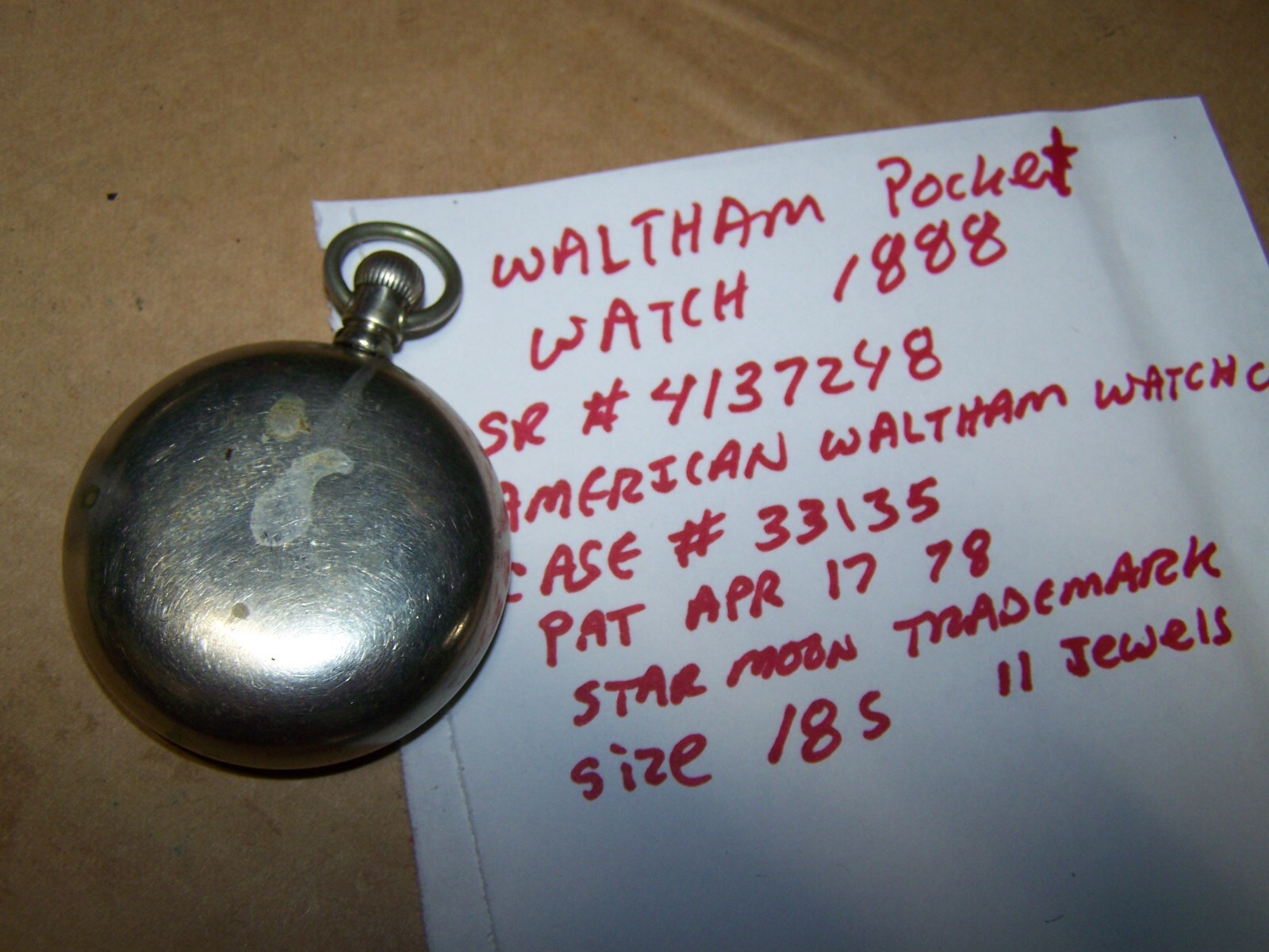 Antique Pocket watch movement Waltham Grade 3 18S 11 jewel 1888-90 as is parts