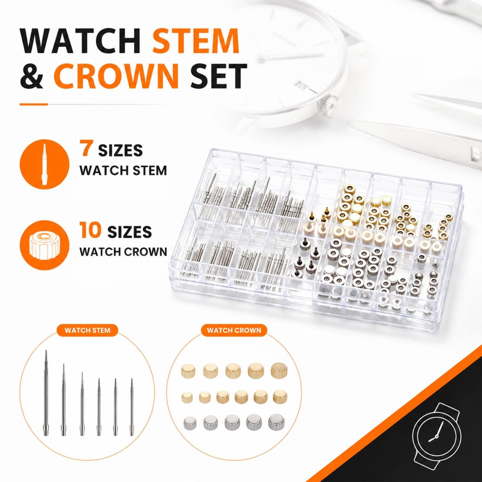170 Pcs New Watch Stem+Watch Crown Parts Box Set For Ladies And Quartz Watches