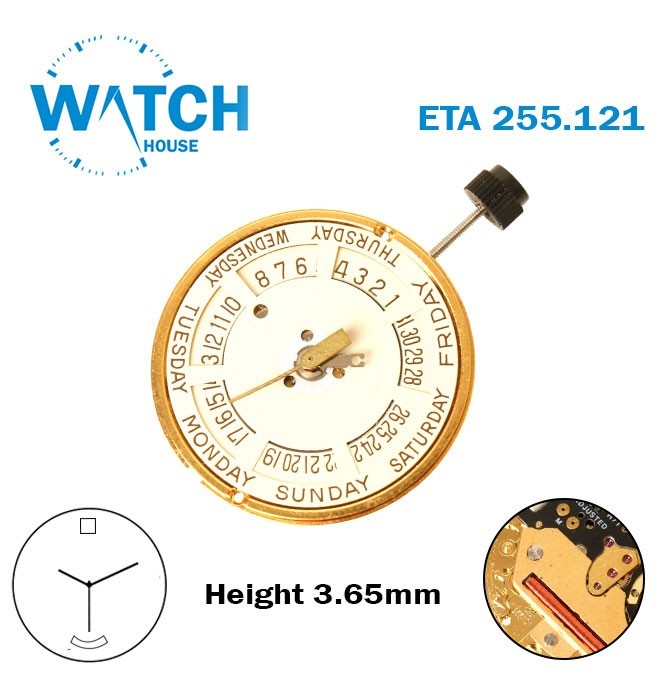 ETA 255.121 Swiss Watch Movement-Height:3.66mm-Beige Day At 6 & Date Disk at 12.