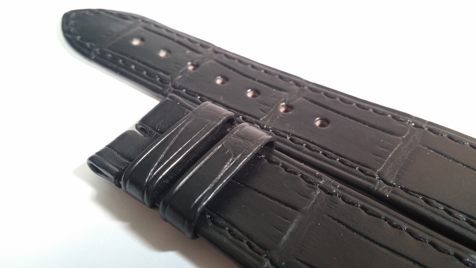 Milus band alligator BLACK-SHORT 15mm (at watch) x 18mm at buckle, black stitche