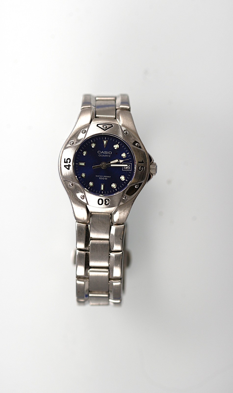 Casio Watch Women Silver Stainless Steel Date 100m Blue NON-WORKING Part