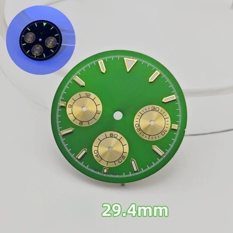 3-Eye Chronograph Dial Lume Gold Sub-Dials Fit Quartz Movement Mod