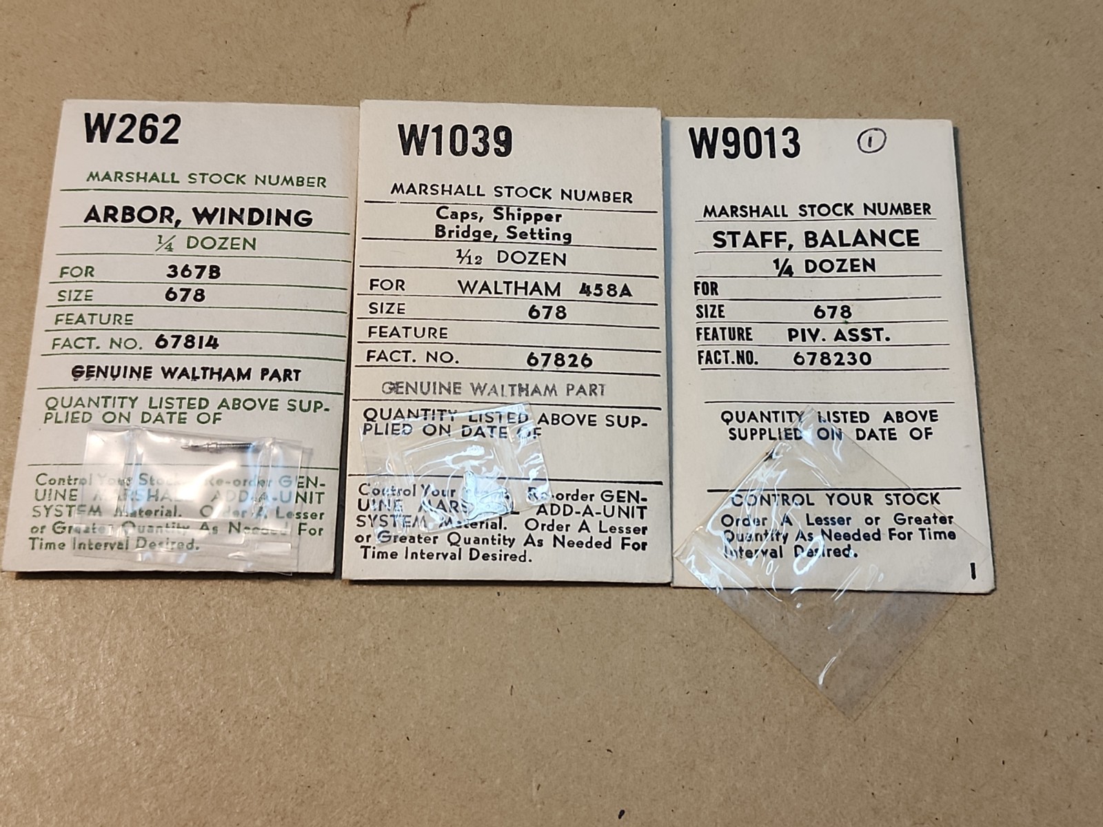 Lot Of NOS Waltham 678 Parts-Winding Arbor, Shipper Bridge Cap, & Balance Staff