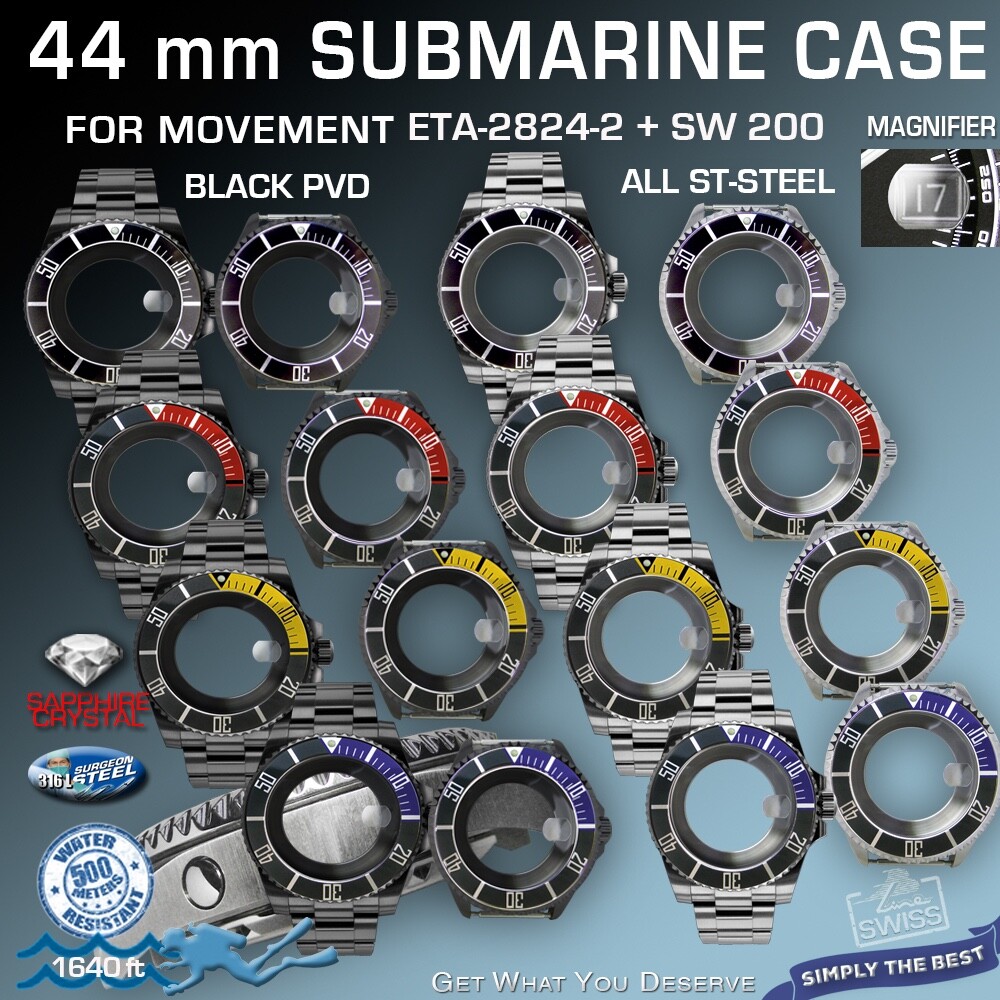 SUBMARINE CASE + BAND, DEEP SEA, 500 M/1640 ft. VALVE ETA 2824, SW200: 16 Var.