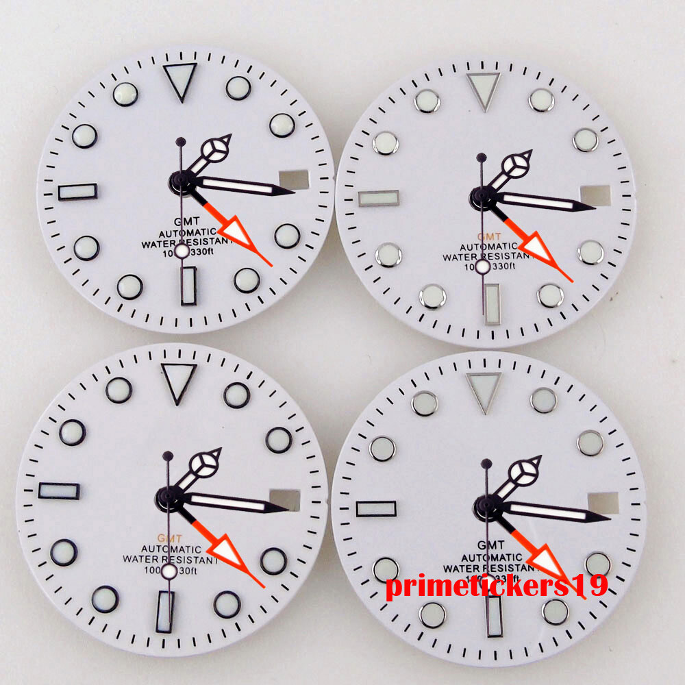29mm White Watch Dial Date Black Orange Hands Luminous Fit NH34 GMT Movement
