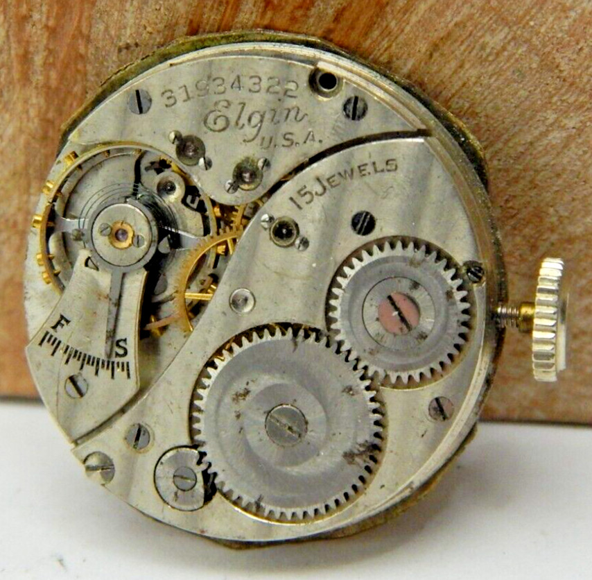 Vintage 1929 Elgin 428 15 jewel 6/0s men’s wrist watch movement w/ dial & crown